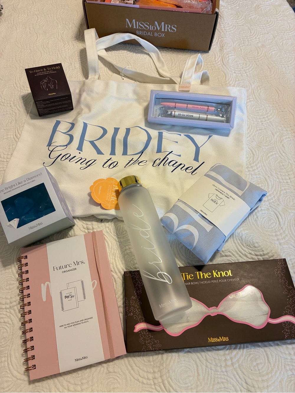 Miss to Mrs. BRIDEY 'Going to the chapel' Tote with Bridal Water Bottle and More
